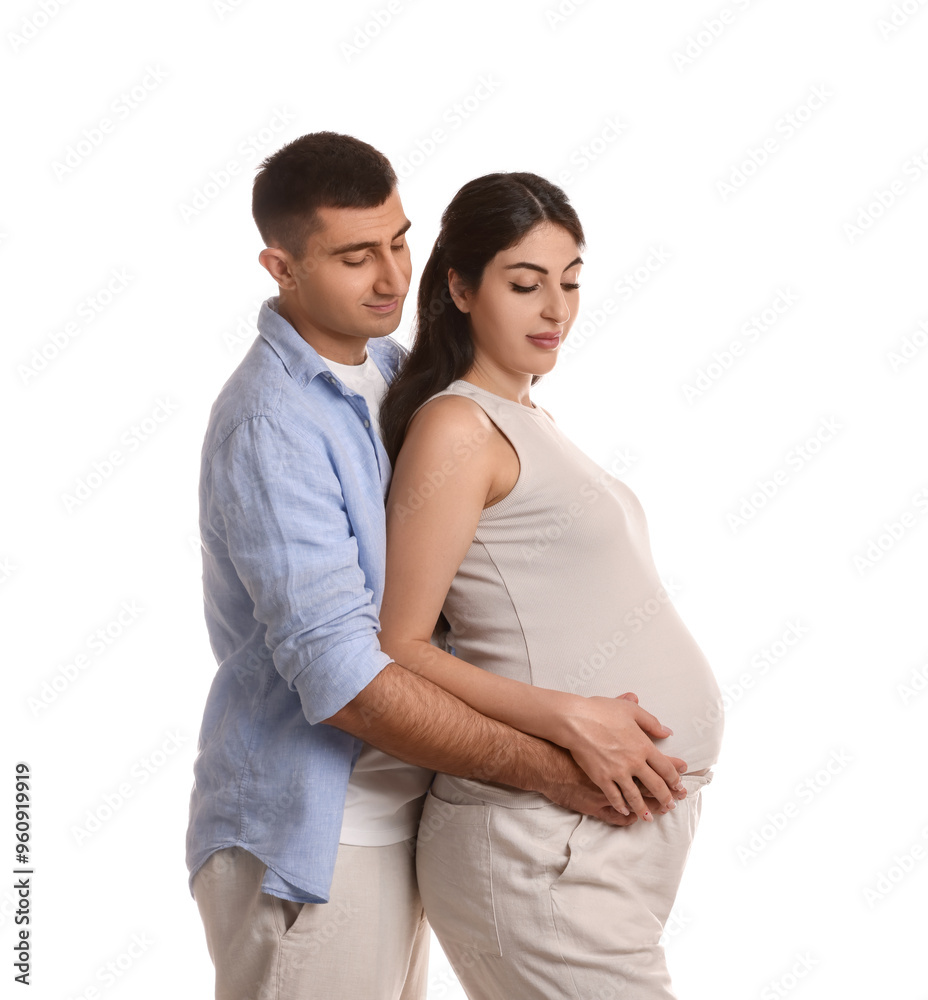 Beautiful pregnant woman with her husband isolated on white Beautiful pregnant woman with her husband isolated on white