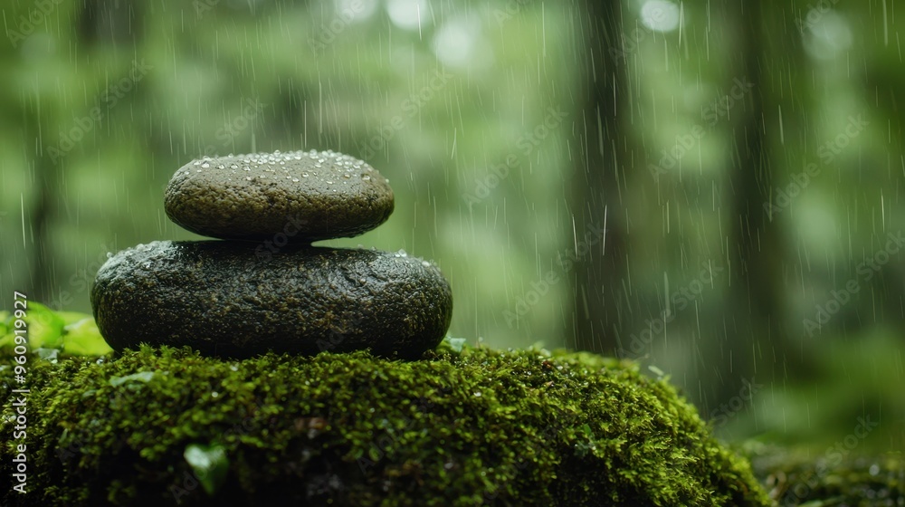 Rain Falling On Stacked Stones And Moss In Forest Rain Falling On Stacked Stones And Moss In Forest