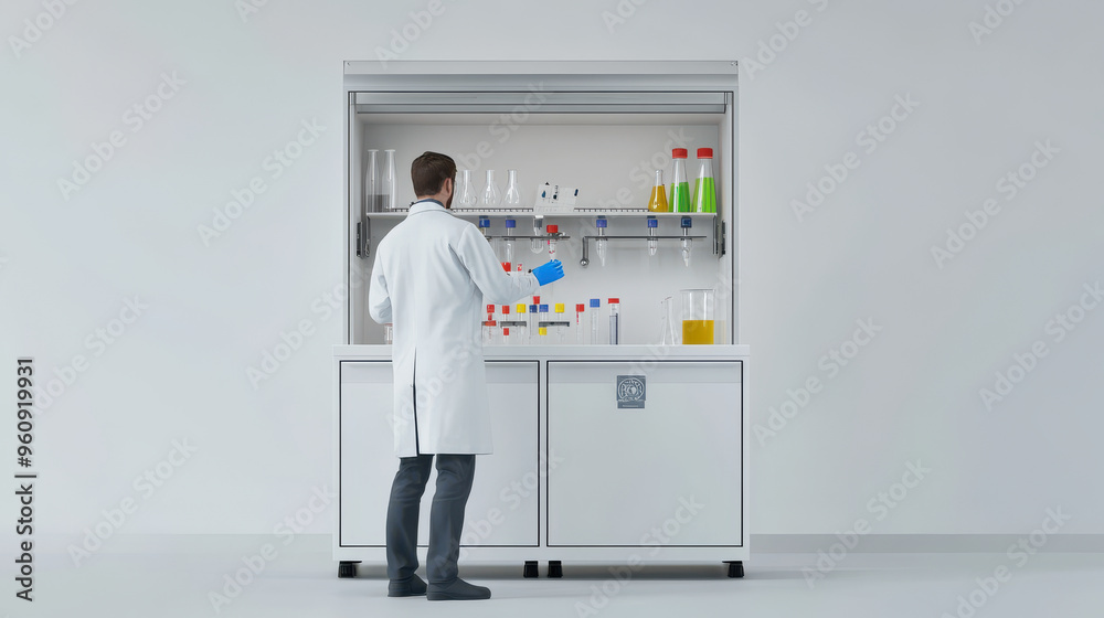 3D render of a scientist standing by a fume hood, conducting a safe chemical experiment, 3D render of a scientist standing by a fume hood, conducting a safe chemical experiment,
