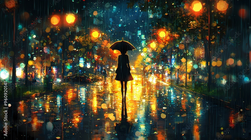 A woman with an umbrella walks alone in a vibrant, rainy cityscape at night. A woman with an umbrella walks alone in a vibrant, rainy cityscape at night.