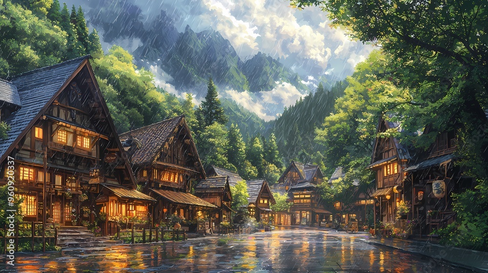 A serene village scene in the rain, featuring charming wooden houses and lush greenery. A serene village scene in the rain, featuring charming wooden houses and lush greenery.