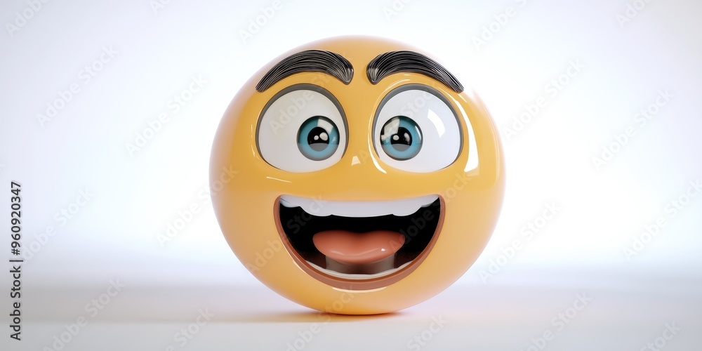 Fototapeta premium A joyful emoji with bright eyes and a big smile stands out against a clean, minimalist background, showcasing a sense of happiness and playfulness