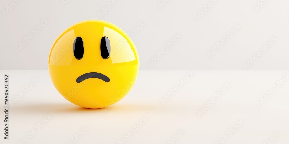 A lonely yellow emoticon sits on a white surface, its frown mirroring the emptiness of its surroundings A lonely yellow emoticon sits on a white surface, its frown mirroring the emptiness of its surroundings