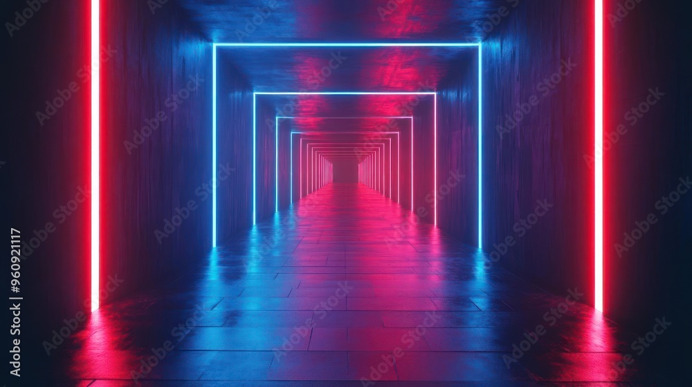 An illuminated tunnel with blue and pink neon lights An illuminated tunnel with blue and pink neon lights