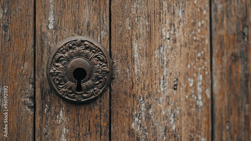 Ornate Keyhole on Weathered Wooden Door