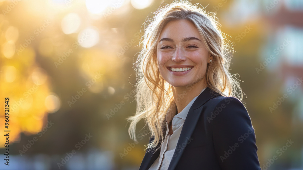 Obraz premium A blonde businesswoman, smiling warmly, as she walks away from her job, feeling satisfied