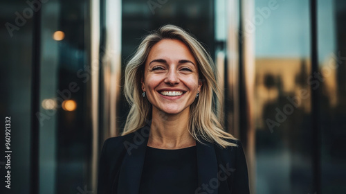 Wallpaper Mural A blonde businesswoman smiling to herself as she exits the corporate building, feeling Torontodigital.ca