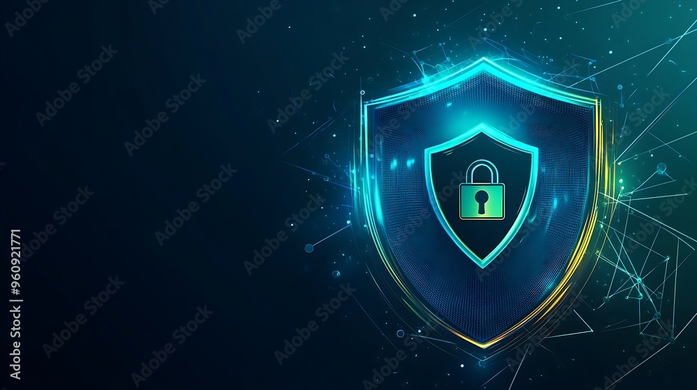 Fototapeta premium Modern digital shield with a glowing lock symbol at the center, floating over a dark background with soft blue and green neon light accents.