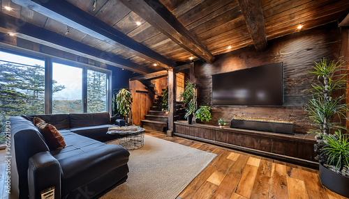 Beautifully renovated basement man cave with a dark wood large screen TV plush furniture