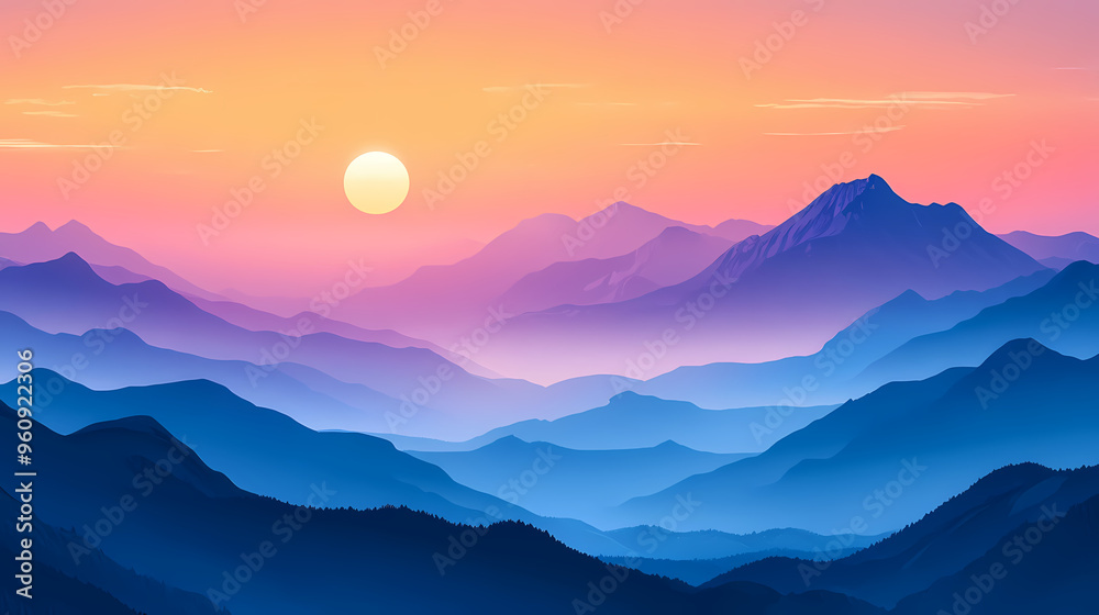 Generate a beautiful landscape image of a mountain range at sunset. Mountain Range. Illustration