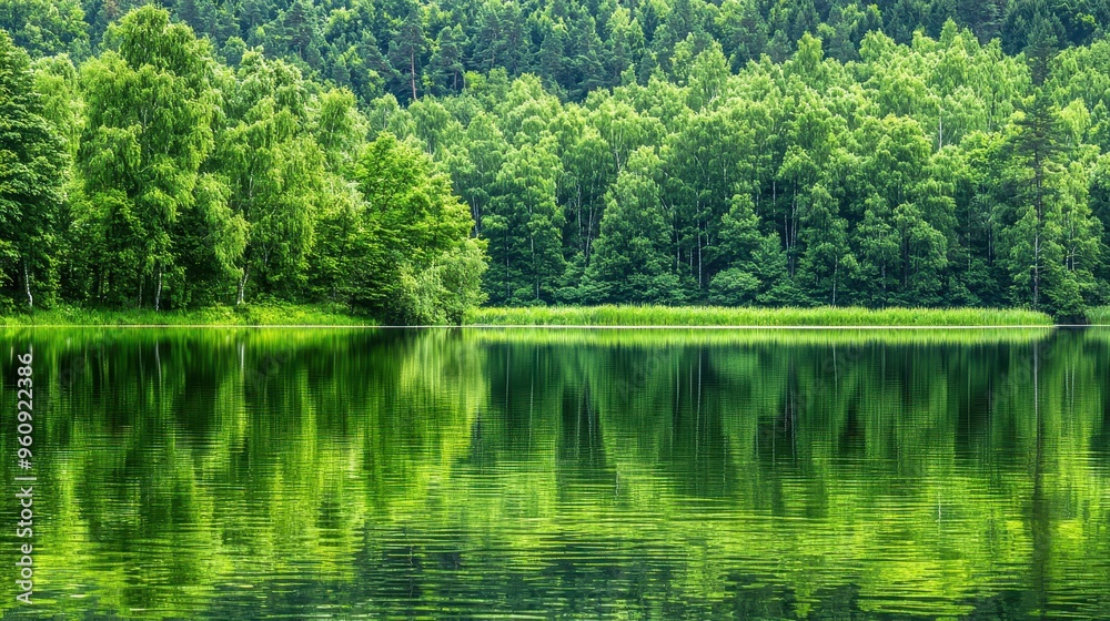 Green Forest Reflection in Calm Lake Water Green Forest Reflection in Calm Lake Water
