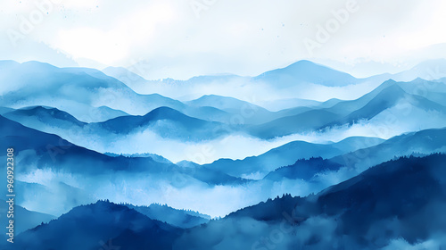 Blue mountain background landscape background design with watercolor brush texture wallpaper design wall art for home decor and prints. Mountain Range. Illustration