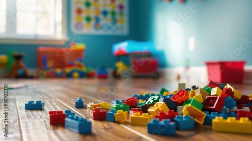 Colorful Plastic Blocks Scattered on a Wooden Floor