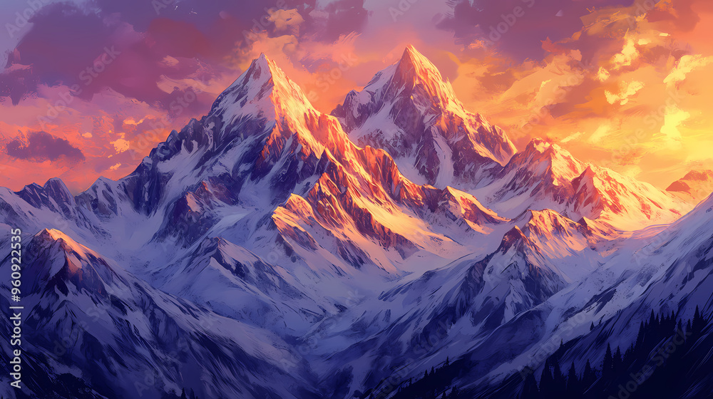 Rugged mountain range bathed in glow of a double sunset. Mountain Range. Illustration Rugged mountain range bathed in glow of a double sunset. Mountain Range. Illustration