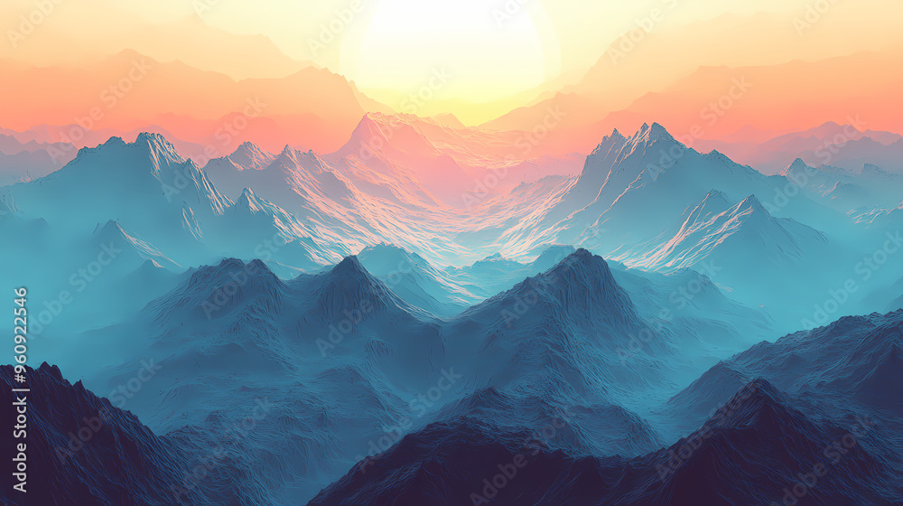 Rugged mountain range bathed in glow of a double sunset. Mountain Range. Illustration Rugged mountain range bathed in glow of a double sunset. Mountain Range. Illustration