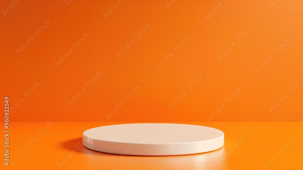 Empty circular white podium on orange background for product presentation, studio photography. Empty circular white podium on orange background for product presentation, studio photography.