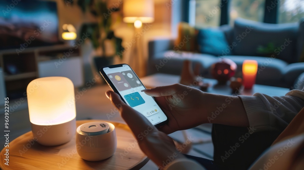 Woman Controlling Smart Home With Smartphone Woman Controlling Smart Home With Smartphone
