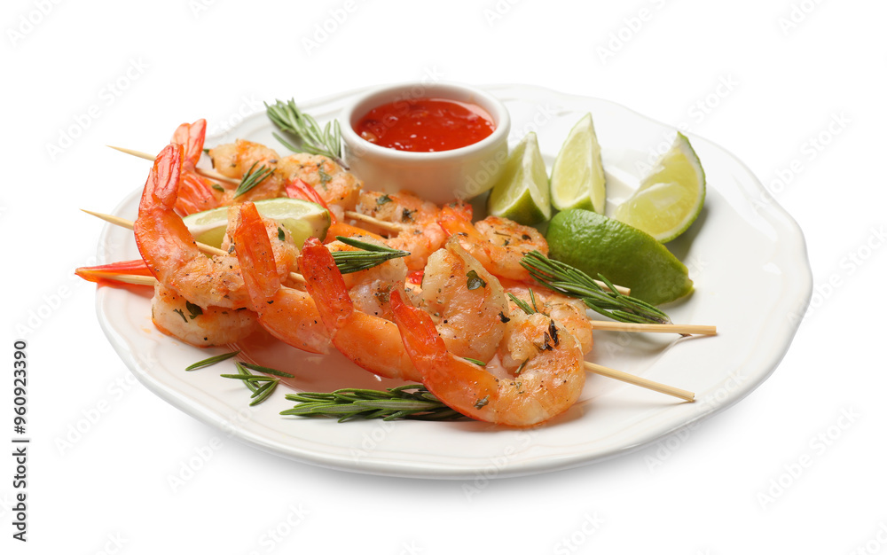 Skewers with delicious grilled shrimps, lime and sauce isolated on white Skewers with delicious grilled shrimps, lime and sauce isolated on white