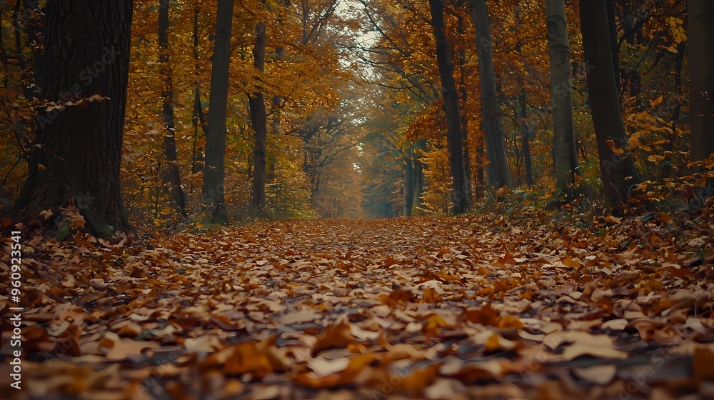 Obraz premium Tranquil autumn pathway covered in fallen leaves in a serene forest.