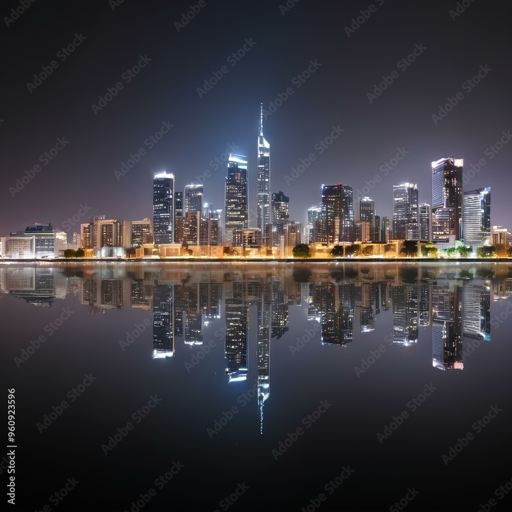 Fototapeta premium Urban Night Skyline with Reflection on Water