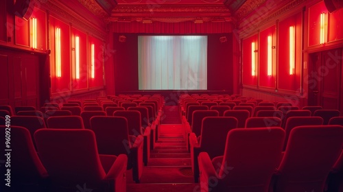 Cozy Vintage Theater with Red Seats and Illuminated Walls, Ready for Movie Screening