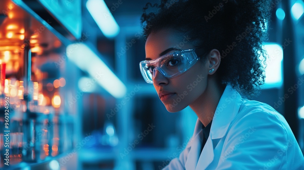 female scientist in a lab coat, working on an experiment in a high-tech laboratory, representing women in STEM fields female scientist in a lab coat, working on an experiment in a high-tech laboratory, representing women in STEM fields
