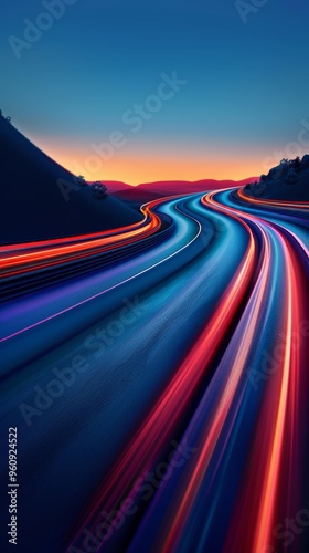 Long Exposure of Vibrant Light Trails on a Curved Road at Dusk with a Stunning Sunset in the Background