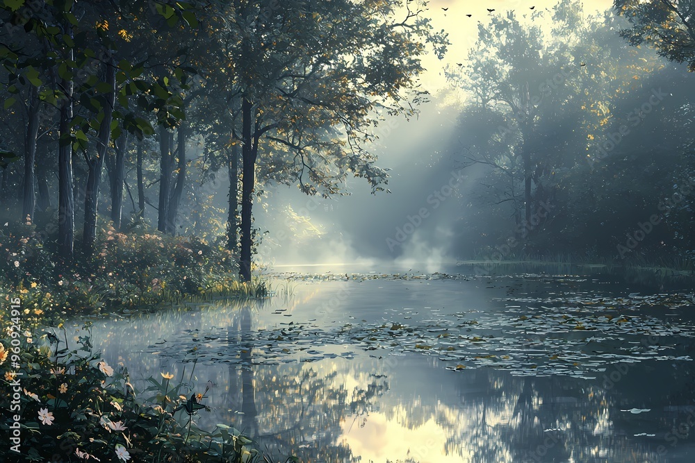 custom made wallpaper toronto digitalSerene early morning at a misty lake surrounded by lush trees.