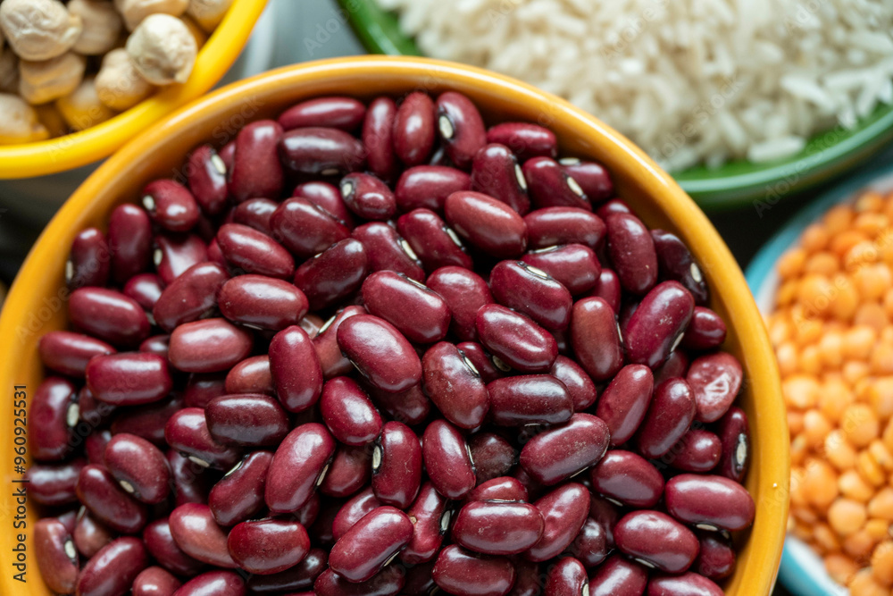several pots with raw grains for preparing healthy food several pots with raw grains for preparing healthy food