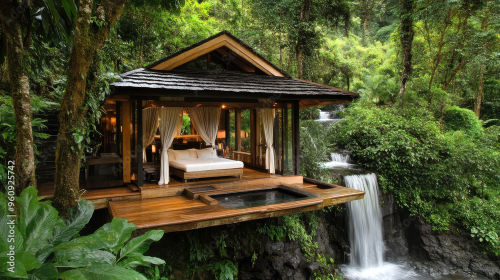 A romantic escape with a lover bed, surrounded by green vegetation and A romantic escape with a lover bed, surrounded by green vegetation and