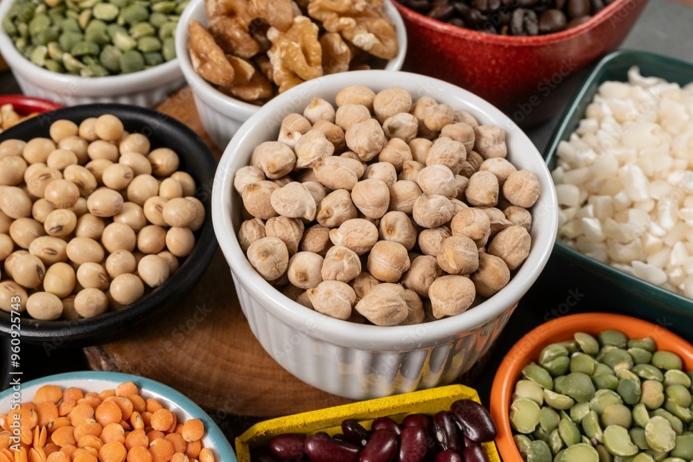 several pots with raw grains for preparing healthy food several pots with raw grains for preparing healthy food