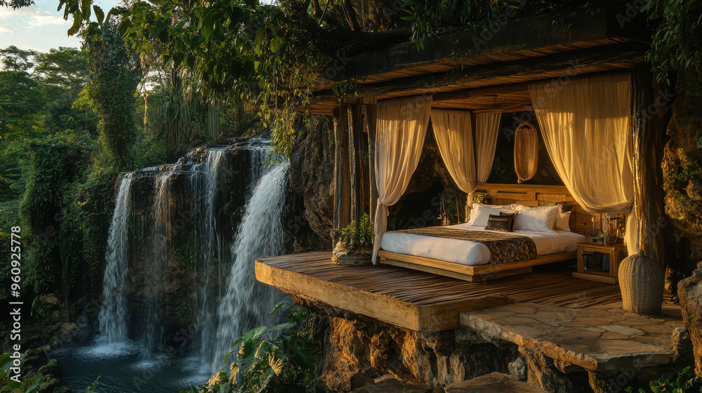 A romantic escape with a lover bed, surrounded by green vegetation and A romantic escape with a lover bed, surrounded by green vegetation and