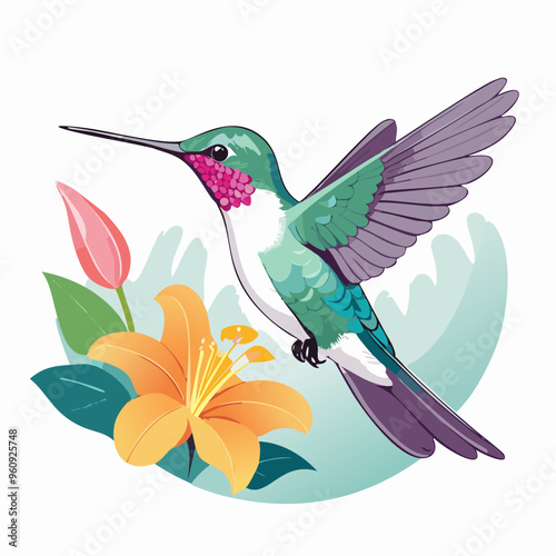 Hummingbird with flower. Vector illustration isolated on white background.