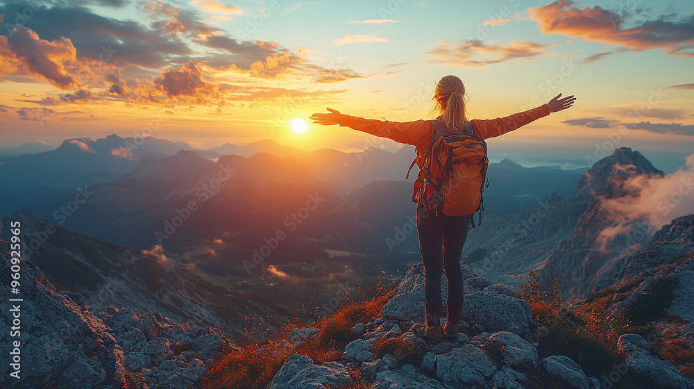 Obraz premium A woman stands on top of a mountain with arms open, welcoming the new day with the sunrise, symbolizing success and personal growth.