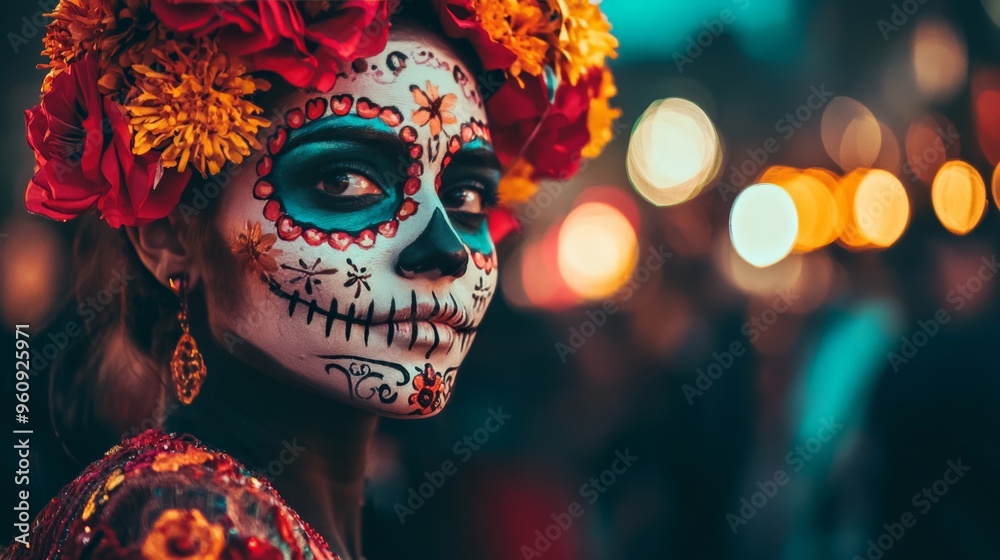 Portrait of a person with sugar skull makeup, Dia de los Muertos celebration, joyful atmosphere Portrait of a person with sugar skull makeup, Dia de los Muertos celebration, joyful atmosphere