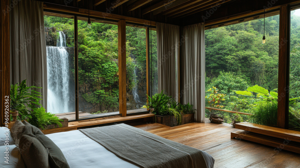 A rustic bedroom with a lover bed, featuring a view of waterfalls and green vegetation, A rustic bedroom with a lover bed, featuring a view of waterfalls and green vegetation,