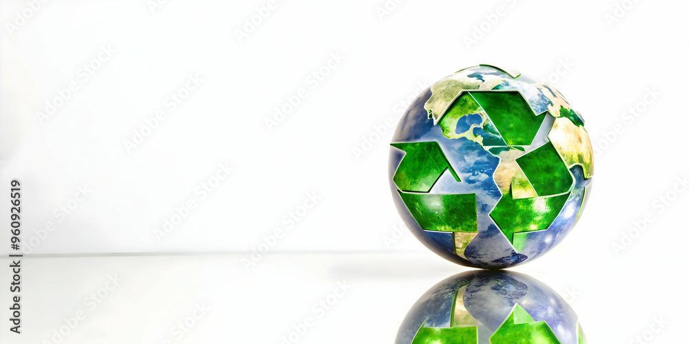 Dynamic Image: Glossy Recycle Symbol and Globe with Holographic Sustainability Metrics, Isolated on White Background - Waste Reduction, Resource Efficiency, Copy Space Available Dynamic Image: Glossy Recycle Symbol and Globe with Holographic Sustainability Metrics, Isolated on White Background - Waste Reduction, Resource Efficiency, Copy Space Available