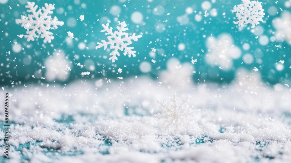 Delicate snowflakes drift down softly, covering a serene blue surface with a blanket of winter beauty and tranquility Delicate snowflakes drift down softly, covering a serene blue surface with a blanket of winter beauty and tranquility