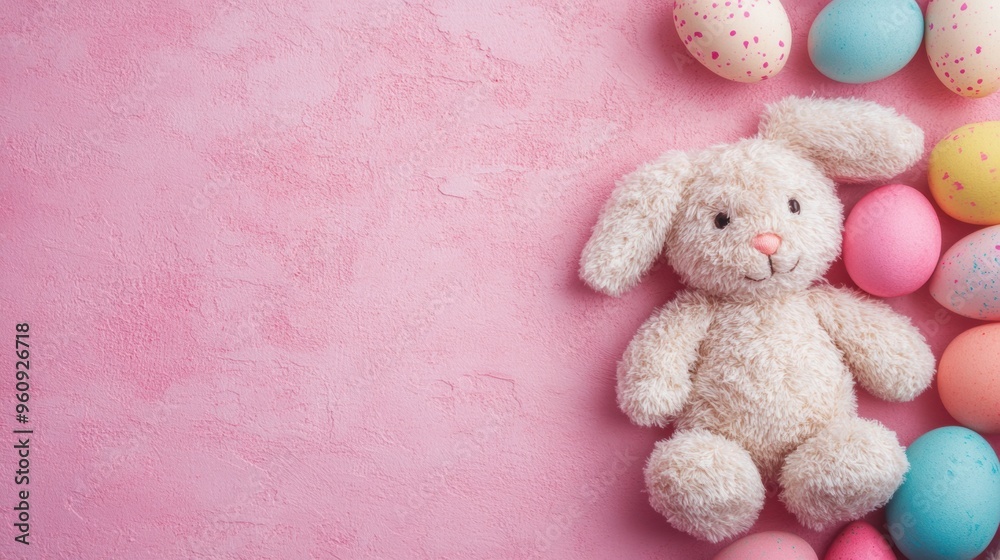 Fototapeta premium A cute bunny toy rests next to vibrant decorative eggs on a cheerful pink surface, perfect for celebrating Easter festivities