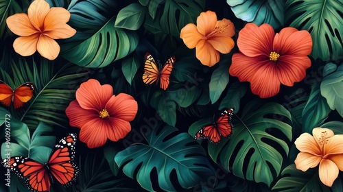 A vibrant and colorful tropical scene featuring a mix of red hibiscus flowers, green leaves,