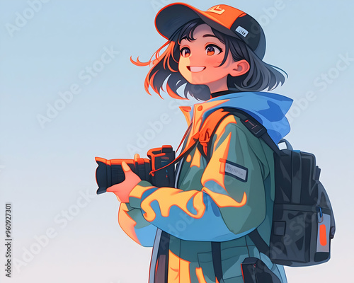 Smiling anime girl holding a camera and wearing a backpack.