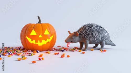 A 3D illustration of an armadillo rolling candy towards a jack-o-lantern in a Halloween theme, minimalist on a white isolated background photo