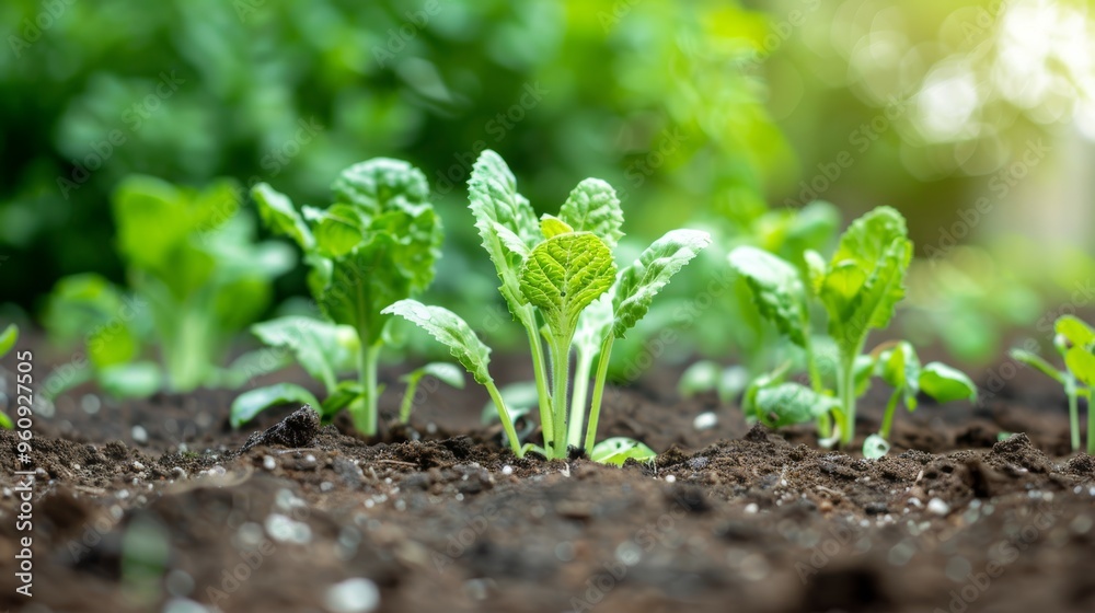 Fresh Green Seedlings Growing in Fertile Soil in a Garden with Sunlight in the Background Fresh Green Seedlings Growing in Fertile Soil in a Garden with Sunlight in the Background