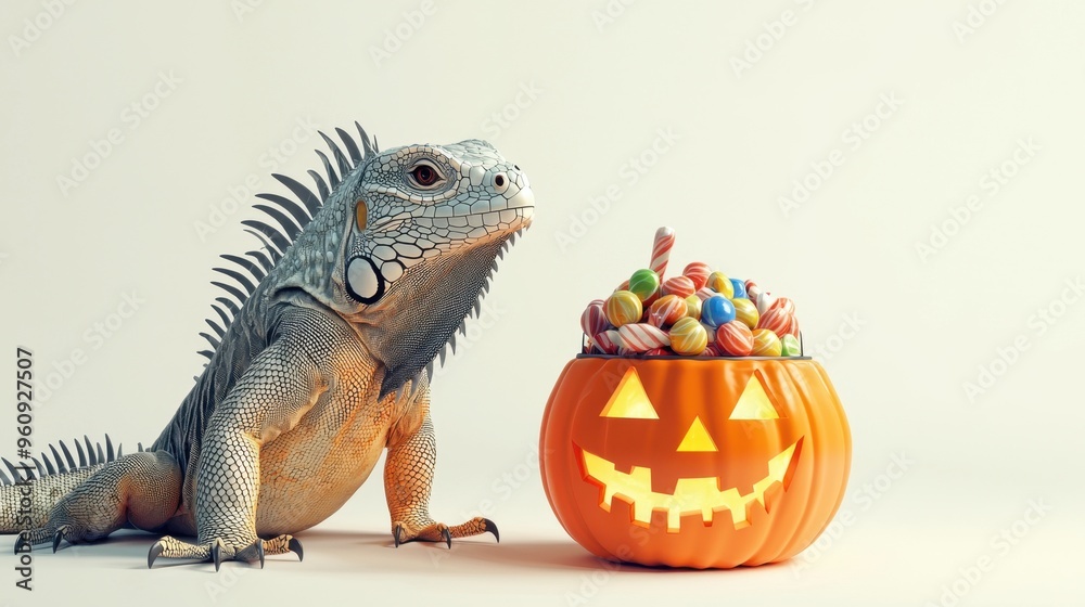 Obraz premium A 3D illustration of an iguana standing next to a jack-o-lantern filled with candy in a Halloween theme, minimalist on a white isolated background