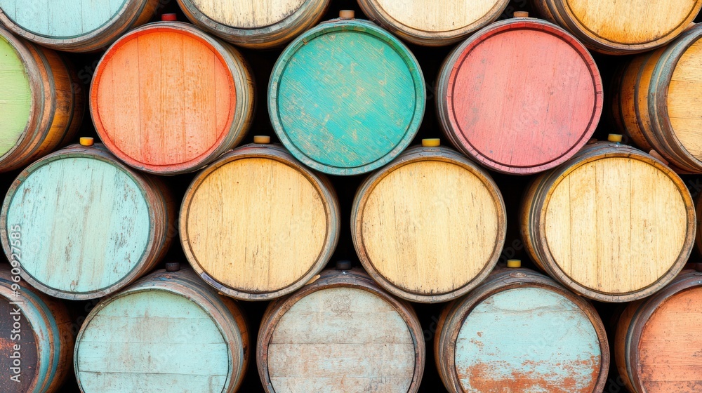 Colorful aged wine barrels are neatly stacked in a rustic cellar, showcasing a blend of craftsmanship and rich history Colorful aged wine barrels are neatly stacked in a rustic cellar, showcasing a blend of craftsmanship and rich history