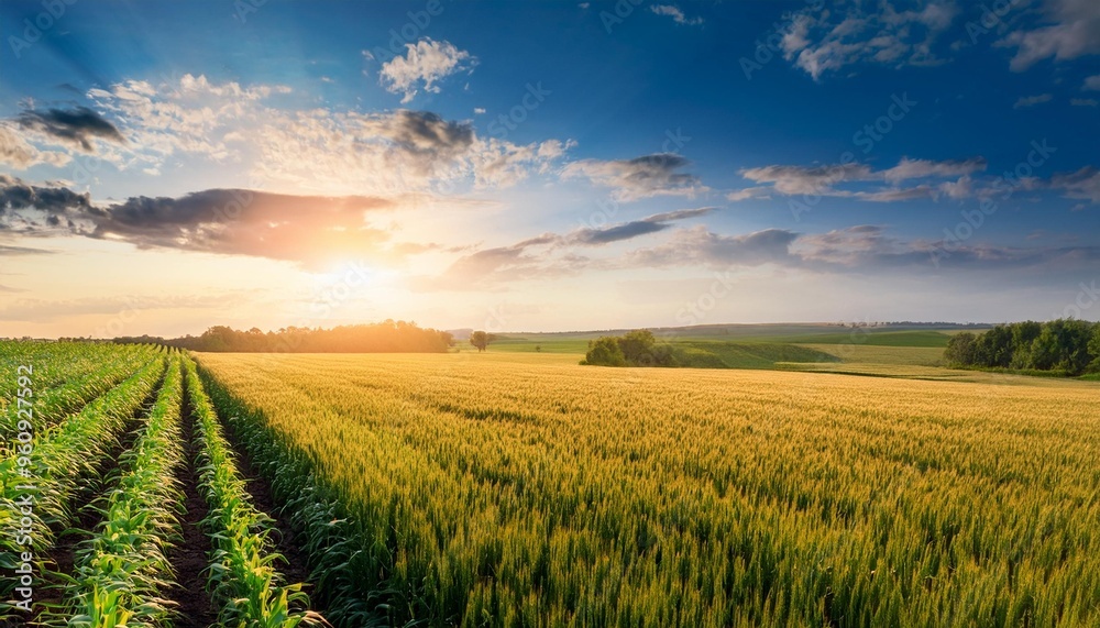 field of wheat and sunset