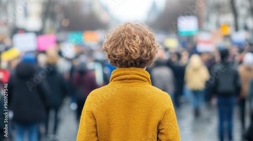 A passionate activist leads a large crowd in a spirited protest, raising awareness for social issues in a bustling urban setting