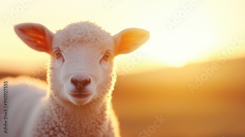A young lamb stands calmly in the warm light of sunset, surrounded by softly illuminated fields and a tranquil atmosphere