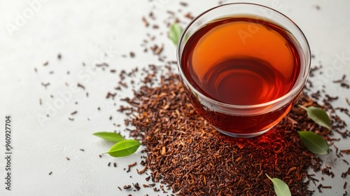 A cup of brewed tea with dried tea leaves and fresh green leaves on a white background.