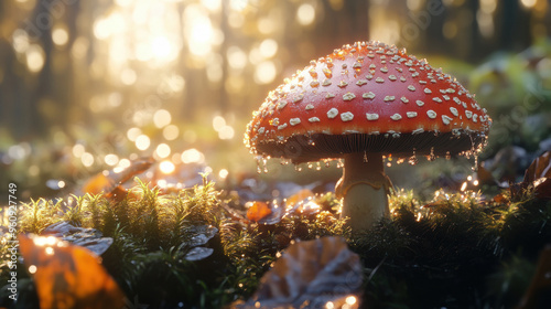 A stunning photorealistic mushroom with water droplets, backlit by morning sunlight